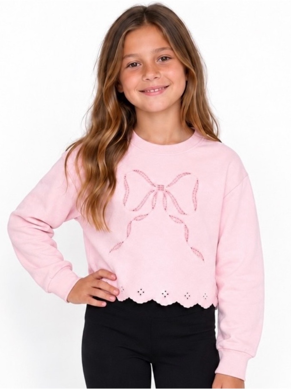 Girls Pink Bow Detail Cropped Sweatshirt – Size Large Derek Heart